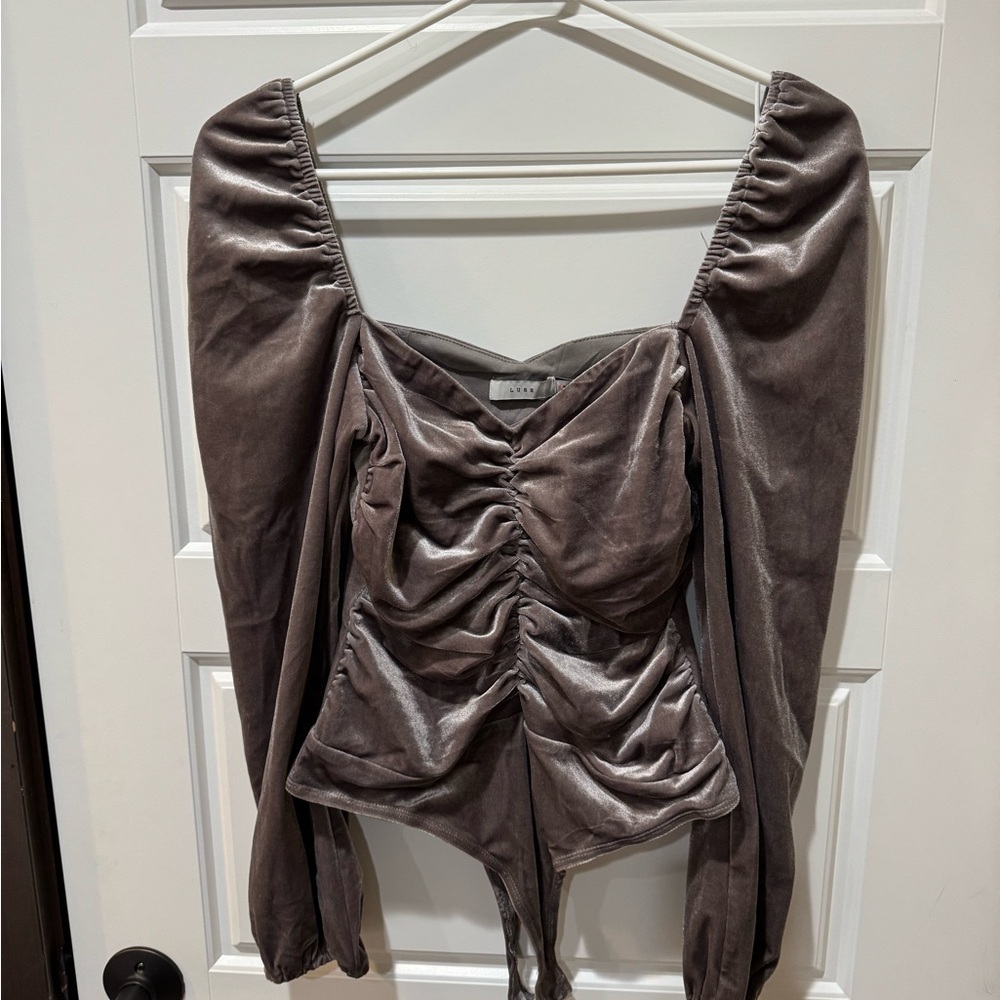 Lush Gray Velvet Ruched Blouse